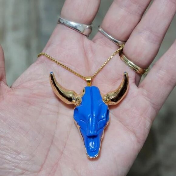 Gold Tone Stainless Steel Blue Bull Skull Necklace - Picture 2 of 3